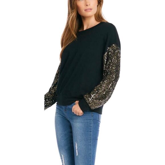 Karen Kane Petites Black Sequin Sleeves Chic Top Size MP - Picture 1 of 8